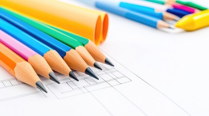 Fototapeta premium Colorful pencils on blueprint, stationery background