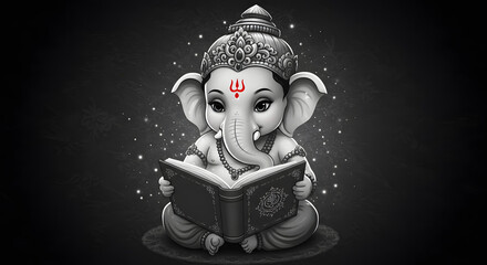cute cartoon baby lord ganesha reading a big magic book