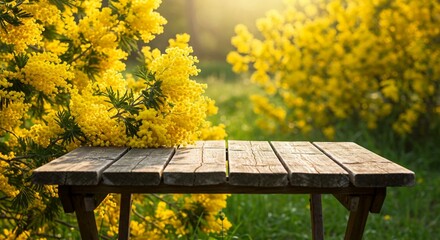 Naklejka premium Rustic table in an outdoor setting with vibrant yellow flowers creating a cheerful and spring-like background