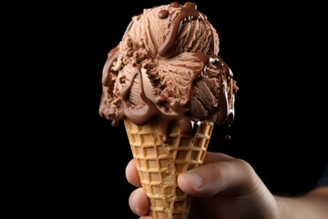 Chocolate ice cream cone held by a hand against a dark background. Generative AI