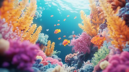 Fototapeta premium Vibrant Coral Reef with Orange and Pink Fish Swimming Through the Water