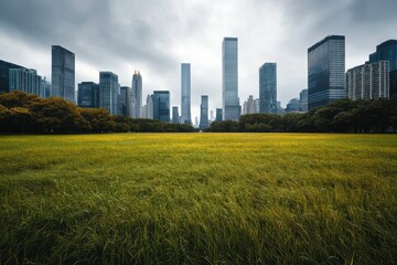 Urban Skyline with Lush Green Grass Field and Dramatic Clouds
