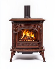 Ornate wood burning stove with vibrant flames.
