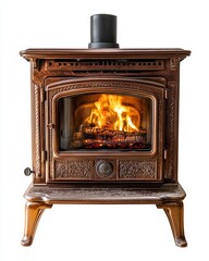 Ornate wood burning stove with vibrant flames. (1)