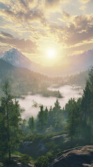 Breathtaking Mountain Landscape with Glowing Sunrise Sky and Misty Evergreen Forests mountain landscape