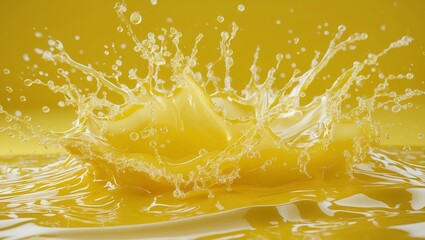 Yellow Liquid Splash / Golden Burst / Liquid Crown / Dripping Gold. A dynamic close-up shot capturing a splash of vibrant yellow liquid. The liquid forms a unique, crown-like shape upon impact, with d
