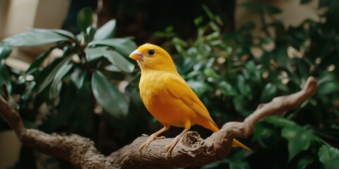 A vibrant yellow canary perched on a branch amidst lush green foliage, showcasing its colorful feathers and lively demeanor.