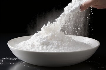Cascading white powder creates a mesmerizing cloud on a dark background. Generative AI