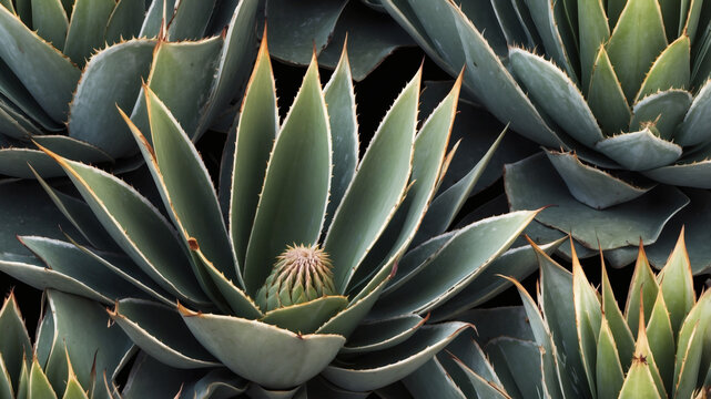 A close-up view of several agave plants, showcasing their spiky, succulent leaves and a budding flower. - Powered by Adobe