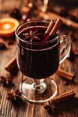 Warm mulled wine with cinnamon sticks and star anise on a rustic wooden table top view