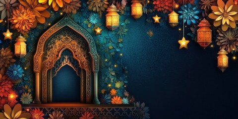 Fototapeta premium Enchanted Ramadan Festive Archway: Ornate Gateway Adorned with Colorful Flowers and Glowing Lanterns