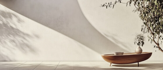 Elegant wooden table placed against a minimalist wall with soft shadows and greenery