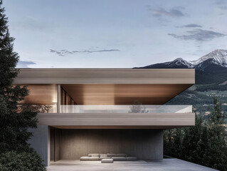 Modern mountain home with glass facade and wooden accents surrounded by nature