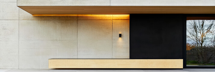 Modern architectural design featuring minimalist concrete and wood elements at dusk