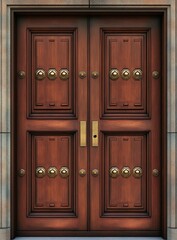 Fototapeta premium Rich mahogany double door with ornate brass accents.
