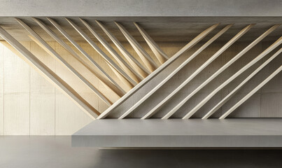 Naklejka premium Modern architectural design featuring dynamic wooden slats and textured concrete wall
