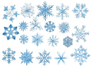 A collection of delicate icy blue snowflakes in various intricate symmetrical designs isolated on a white background, perfect for winter-themed graphics and prints.