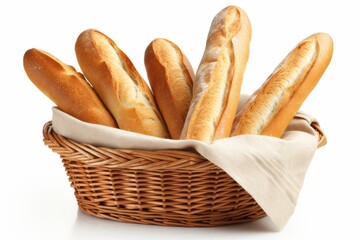 Freshly baked baguettes in a rustic wicker basket ready for enjoyment. Generative AI