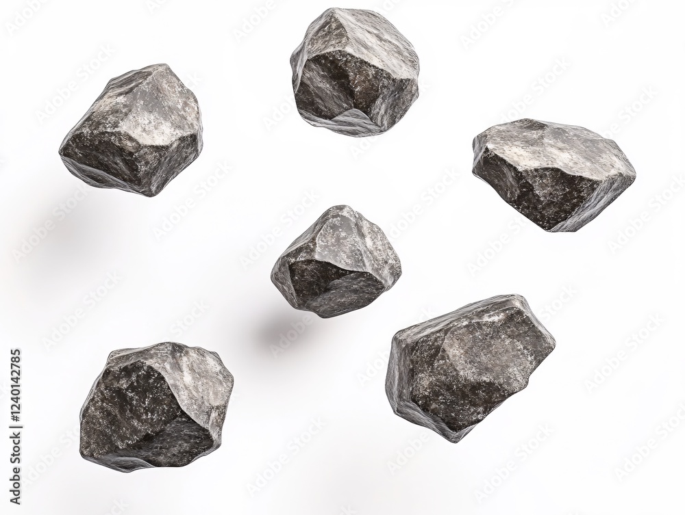 Poster six dark grey stones floating in a white space creating a minimal abstract design pattern