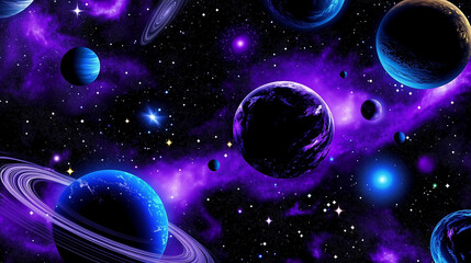Abstract space background featuring a seamless pattern of purple, blue, and black colors with stars, planets, and galaxies. This cosmic design is perfect for textile fabric prints, wallpaper murals, a