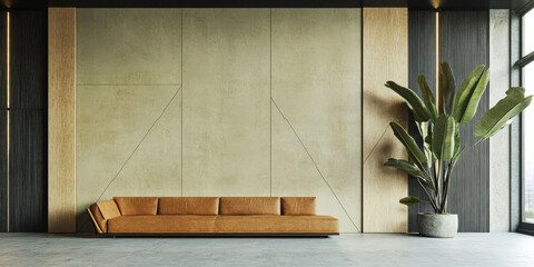 Modern living room design with leather sofa and large indoor plant in urban setting