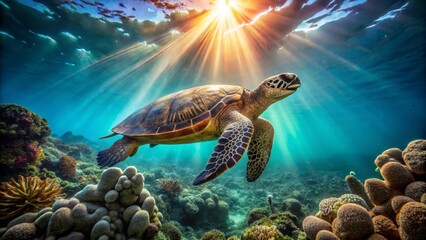 Obraz premium Graceful Sea Turtle Swimming Among Vibrant Coral Reef Life