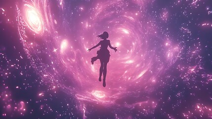 Naklejka premium Silhouette of a Woman Floating in a Purple, Starry Vortex