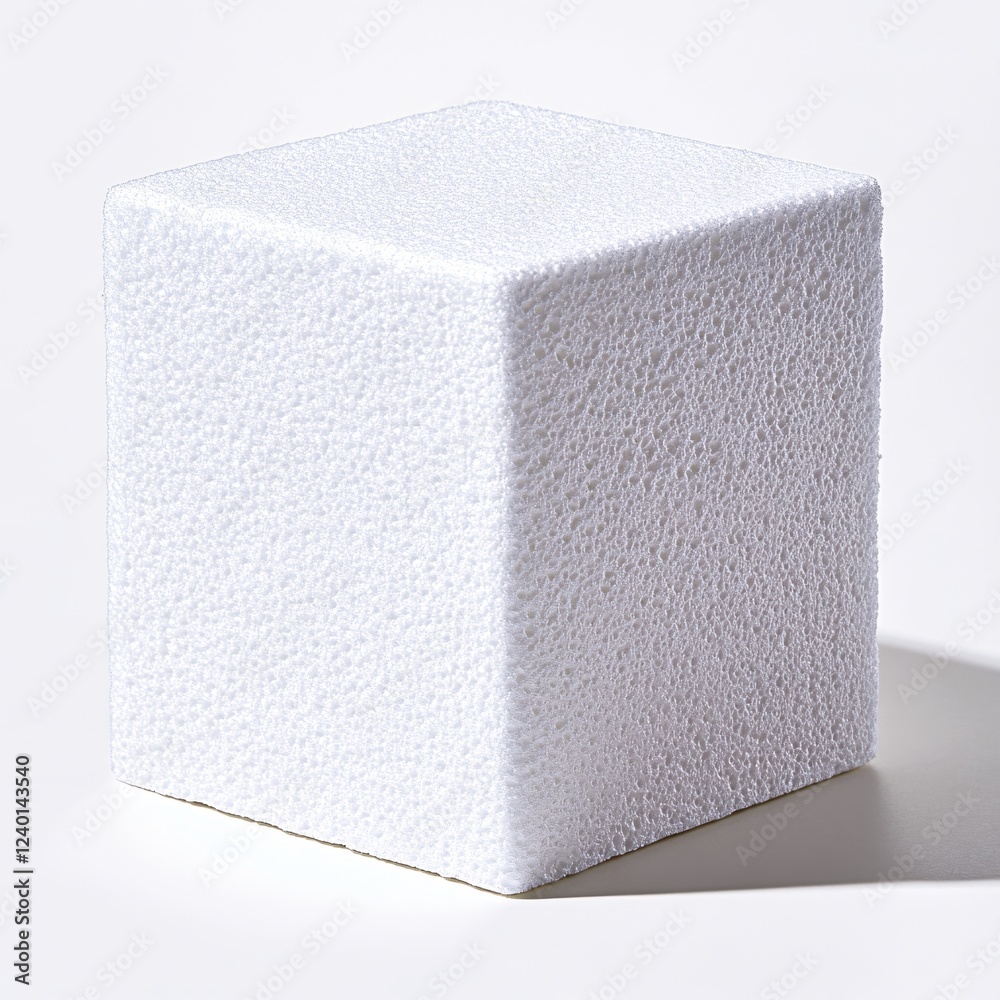 Poster white styrofoam cube casting a shadow on a white surface in a studio setting