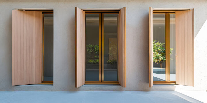 Fototapeta Modern architectural design showcasing open wooden shutters on elegant windows