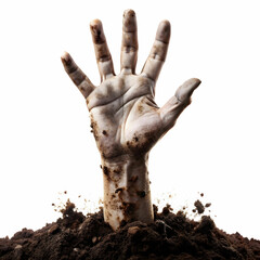 Zombie Hand Coming Out of Soil isolated on white Background