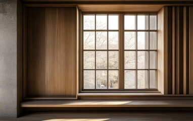Fototapeta premium Elegant wooden window frame with natural light illuminating a serene interior space