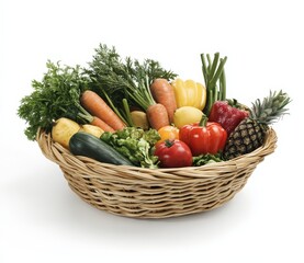 Fresh produce basket, vibrant vegetables, white background, healthy food, recipe