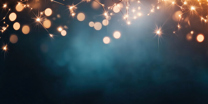 Sparklers and bokeh lights on turquoise background. Holiday celebration and party concept