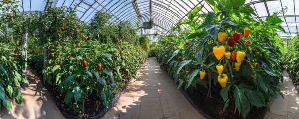 Obraz premium Vibrant Greenhouse Panorama: A Colorful Display of Peppers