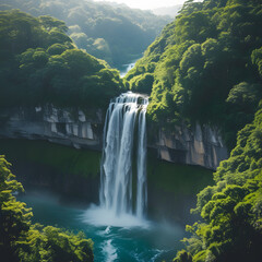Fototapeta premium The dynamic motion of the waterfall is balanced with the tranquil stillness of the pool, offering a sense of harmony and peacefulness. 
