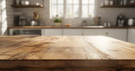 Rustic kitchen table, sunny background, product display
