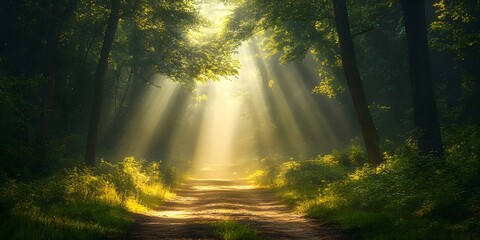 Obraz premium Sunbeams Illuminating Forest Path