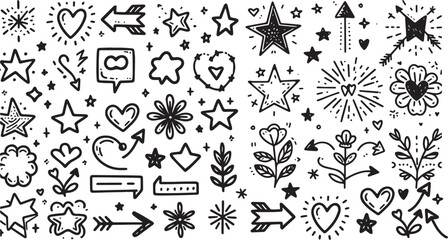 Cute line sketch star, arrow, heart decoration element icon set. Hand drawn sketch doodle cute star, emphasis, flower element. Pen line text decoration shape icon. Hand drawn vector illustration