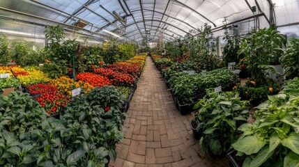 Vibrant Greenhouse Panorama: A Colorful Array of Peppers and Plants