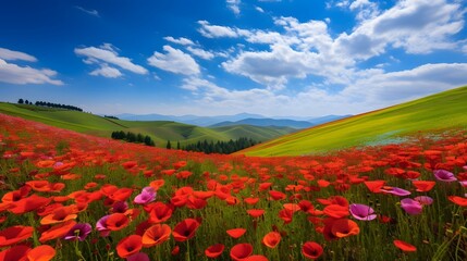Fototapeta premium Stunning landscape of rolling countryside hills covered in a vibrant blanket of colorful wildflowers blooming in a tranquil picturesque pastoral scene