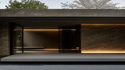 Modern architecture amid cherry blossoms in tranquil outdoor space