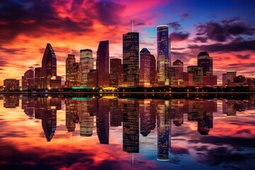 Naklejka premium Stunning sunset paints Houston skyline with vibrant reflections on the water. Generative AI