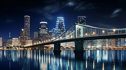 Fototapeta premium Nighttime skyline illuminated by city lights and reflected on water surface. Generative AI