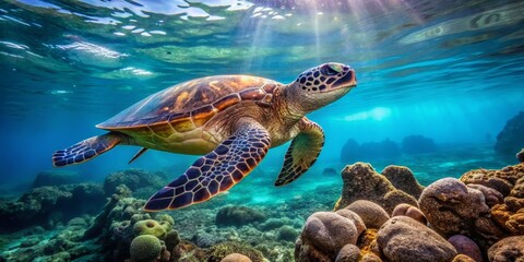 Obraz premium Majestic Sea Turtle Gliding Through Vibrant Coral Reef Underwater