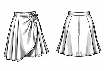 Fashion Flat Sketch: Pleated Mini Skirt Technical Drawing. Asymmetric Hem, Side Zipper, Front & Back Views. Women's CAD Mockup, White Template for Apparel Design.

