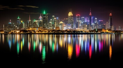Captivating city skyline illuminated by vibrant lights reflecting on water. Generative AI