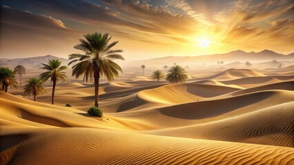Golden Sands Desert Oasis at Sunrise A Serene Landscape of Rolling Dunes and Majestic Palm Trees