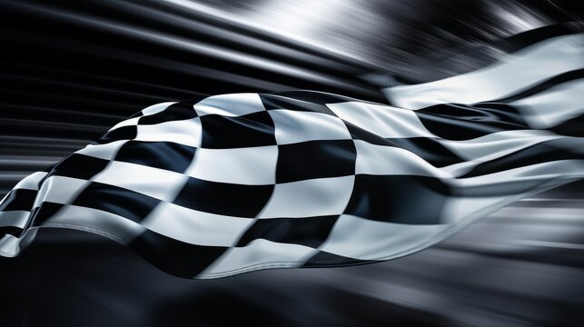 Checkered flag waves with excitement as racers approach finish line in speed. Generative AI