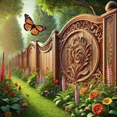 Elegant Wooden Garden Fence with Floral Carvings and Blooming Flowers