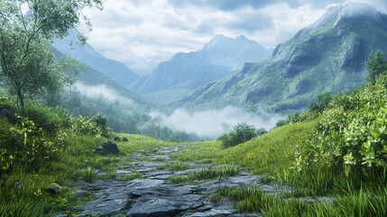 Breathtaking Mountain Landscape with Glowing Sunrise Sky and Misty Evergreen Forests mountain landscape